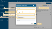 Click the "Add recipients" button in the upper right corner of the "Recipients" tab. In the new window, enter the name of the notification recipients. Next, select one of the three types of recipients: platform users, Microsoft Teams, or Slack entities. In the "User Filter" list, select who you want to send notifications to. Than, click "Add".
