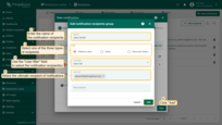 A new window will pop up. Enter the name of the notification recipient(s). Next, select one of the three types of recipients: platform users, Microsoft Teams, or Slack entities, and specify who exactly you want to send notifications to. Click "Add";