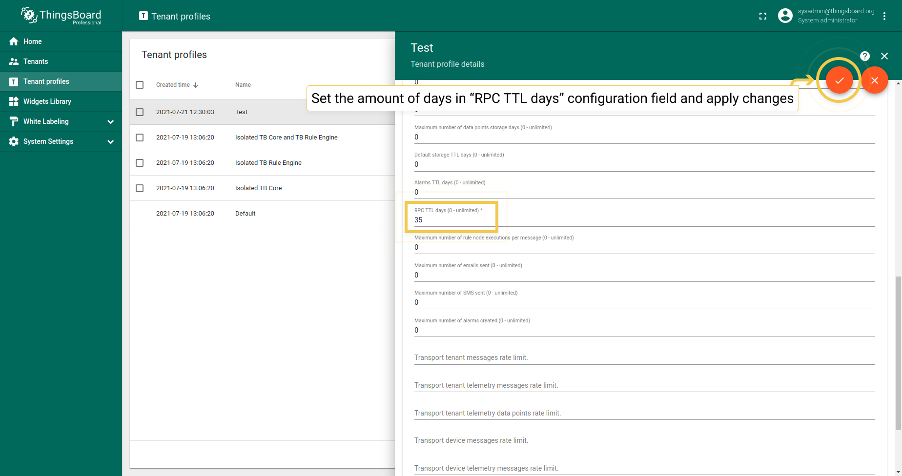 Set the number of days in the RPC TTL days line. Apply changes by clicking the orange checkmark icon in the upper right corner of the page.