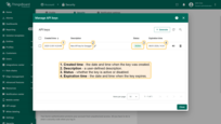 In the API keys table, each key displays its creation time, description, status, and expiration date.
