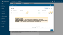 For each API key, the following actions are available: enable or disable the key, delete the key, or edit its description.