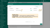 For each API key, the following actions are available: enable or disable the key, delete the key, or edit its description.