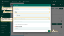 In the "Add action" dialog, enter the action name, select an action source - "on row click", and choose the action type "Update current dashboard state". After, click "Add";