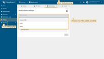 Login to ThingsBoard UI. Navigate to the "Settings" page. Now, go to the "Notificatons" tab. In this window, choose one of the available providers: AWS SNS Twilio or SMPP;