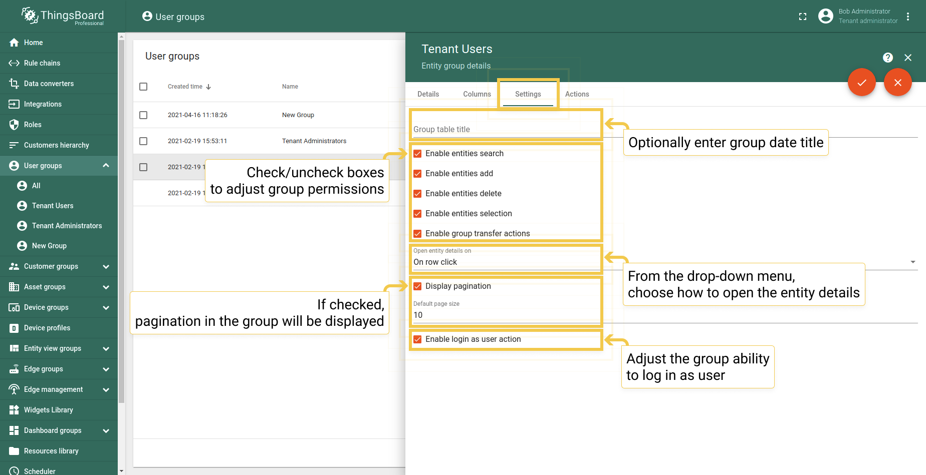 Settings tab is responsible for general permissions and interface of the columns.