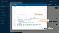 In "HTML" tab, enter an HTML code for your custom action. After input functions, click the "Add" button;