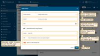 As an example for this manual, select the "Widget header button" as the action source. Input a name for the action and select an icon that will represent a button. With this icon, action will be performed. Select an "Open URL" action type from the "Action" drop-down menu. After selecting an action type, "URL" menu appears. Insert the URL link to the page you want to navigate to when the action button is clicked. Optionally, enable the option to open the URL page in a new browser tab. Finally, click the "Add" button;