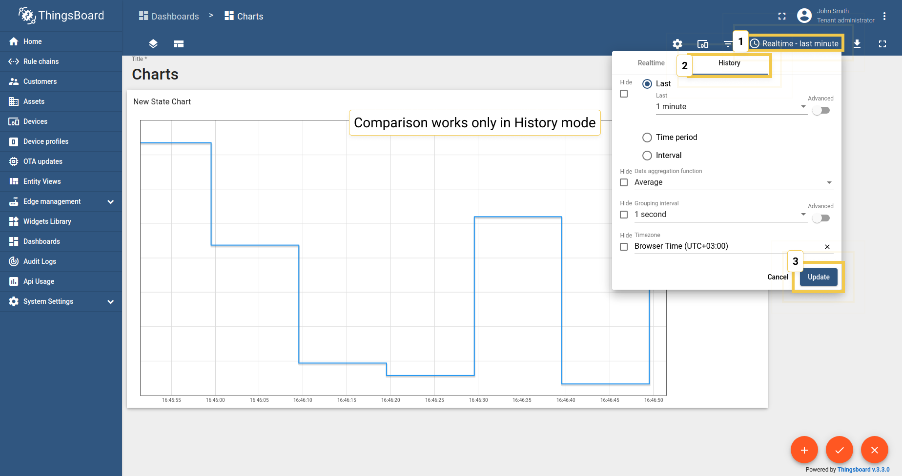 Since comparison settings work only in History time window mode, click on the clock icon in the upper right corner and select the History time window there. Click "Update" to apply.